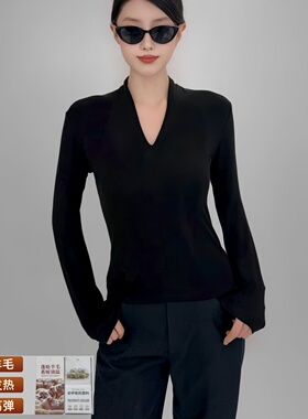 蚕丝羊毛黑色修身V领打底衫女秋冬内搭发热拉毛收腰长袖显瘦上衣