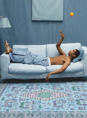 Trippy原创设计 马卡龙配色8bit 做旧海盐蓝色 客厅艺术波斯地毯