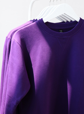 外贸日系340g重磅显白深紫色纯棉倒三角圆领小码男装s码毛圈卫衣