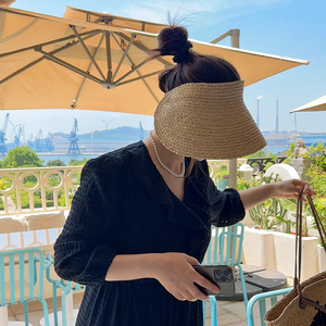 大帽檐大头围拉菲草帽子女士夏防晒沙滩帽空顶遮阳帽太阳帽可折叠