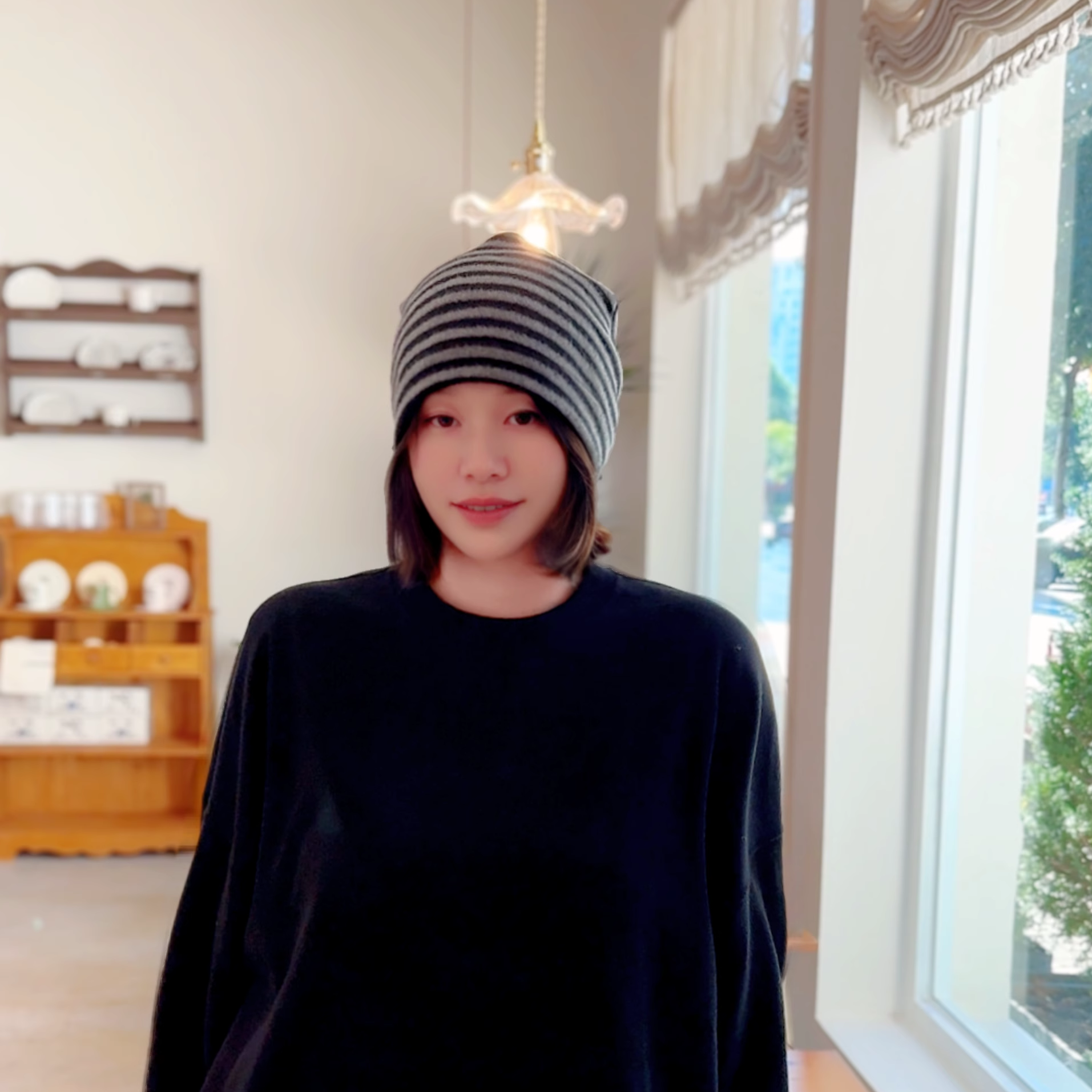 韩国代购条纹月子针织帽子女秋冬