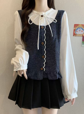 大码女装胖mm秋装新款打底衫假两件衬衫宽松遮肚上衣显瘦遮肉冬25