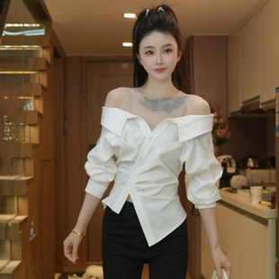 磊磊【云纱透春】衬衫 春季网纱拼接露肩衬衫上衣女88256