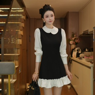 磊磊【黑白绮梦】收腰连衣裙 春季交叠领长袖百搭连衣裙女88279