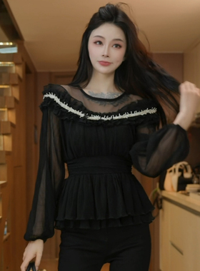 磊磊【花间一梦】收腰娃娃衫 春季黑色多层荷叶边收腰上衣88272