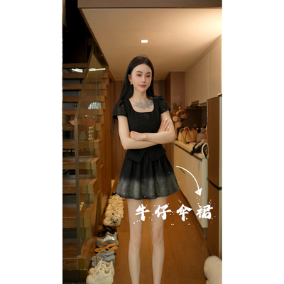 磊磊【巴黎罗曼史】牛仔裙 重工原创水洗牛仔晕染烫钻半身裙#8813