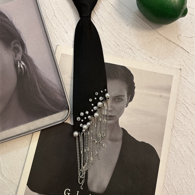 重工流苏领带女韩版珍珠懒人免打结配衬衫黑色领带#23198