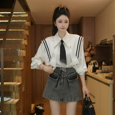 磊磊【墨飒珠光】 牛仔短裙   春季牛仔半身裙女高腰小个子88278