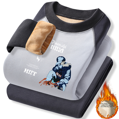 青少年加绒加厚保暖内衣套装男学生圆领秋衣秋裤德绒打底衫可外穿