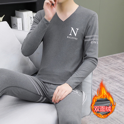 男士保暖内衣双面德绒套装秋冬季青年加厚V领打底衫无痕秋衣秋裤