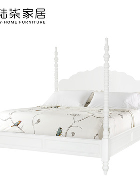 陆柒家居 法式复古法式田园白色实木双人床1.8米实木四柱床可定制