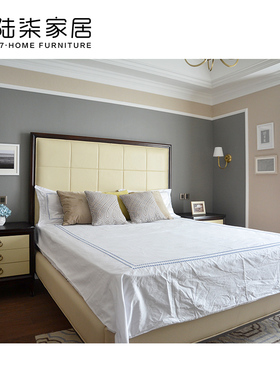 陆柒家居 美式现代牛皮靠背双人床软包床皮艺床1.8米 真皮高靠床