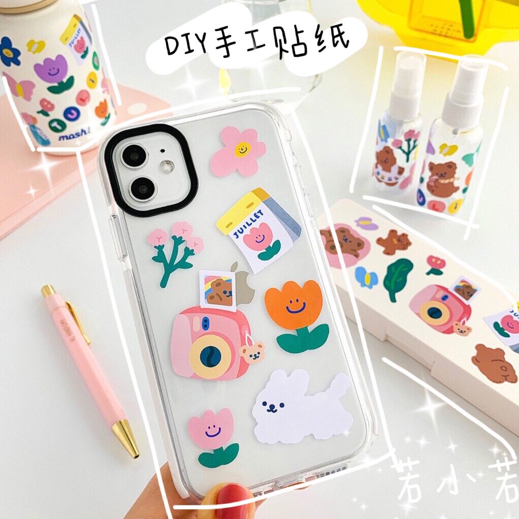68包邮】ins风小熊可移贴纸韩国diy无痕电脑贴手帐素材郁金香蝴蝶