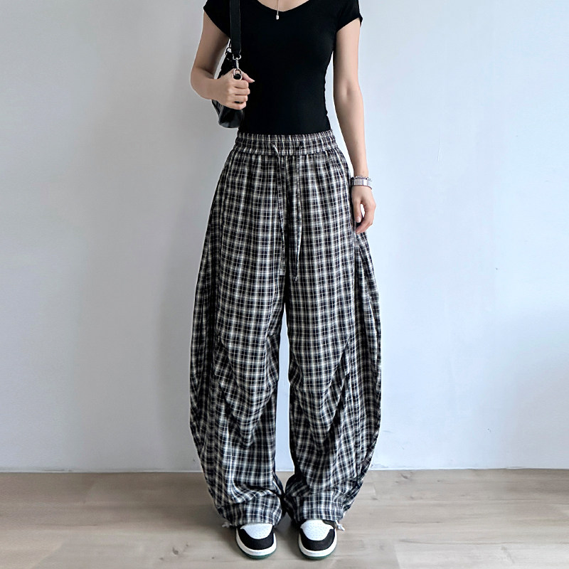 美式黑白格子休闲裤女夏季薄款高腰宽松显瘦垂感直筒阔腿拖地长裤