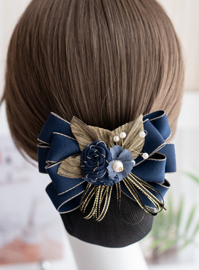 宫廷复古职业头花发夹蓝色布艺蝴蝶结森女横夹顶夹护士工作发网