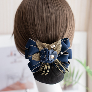 宫廷复古职业头花发夹蓝色布艺蝴蝶结森女横夹顶夹护士工作发网