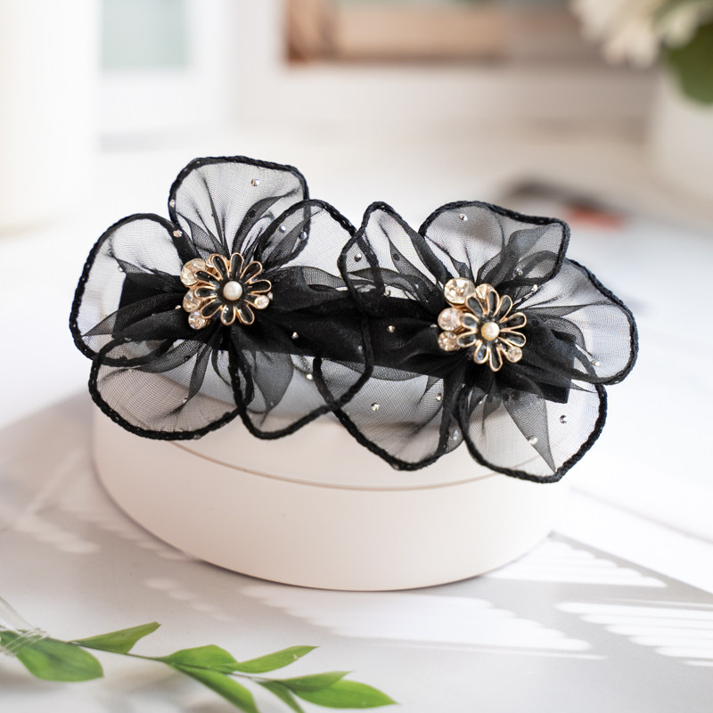 气质森系发饰盘发韩版绢纱头饰头花盘发卡山茶花顶夹超仙黑色横夹