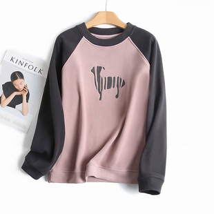 【一鹿有你】减龄百搭加绒加厚防风撞色圆领卫衣C7032#8643