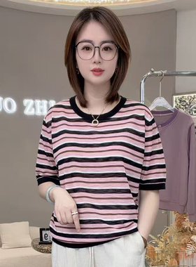 粉雾条纹！26夏兰精天丝亚麻条纹针织衫柔软亲肤显瘦短袖T恤A8153