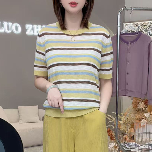 多彩彩条衫！夏季莱赛尔亚麻条纹针织衫宽松简约百搭短袖T恤A8178