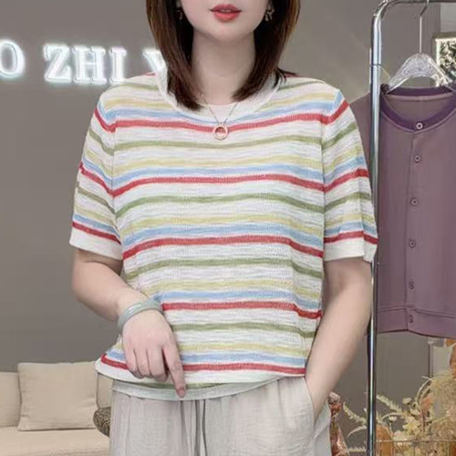 彩绘条纹！26新款天丝亚麻多巴胺条纹针织衫独特漂亮短袖T恤A8259