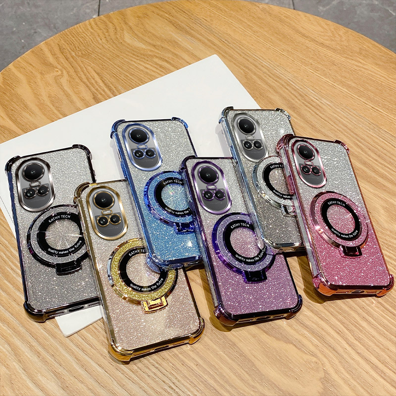 适用OPPO Reno10 5G国际版渐变闪粉手机壳防摔Reno10pro硅胶保护套海外版创意桌面支架简约女新款自带镜头膜