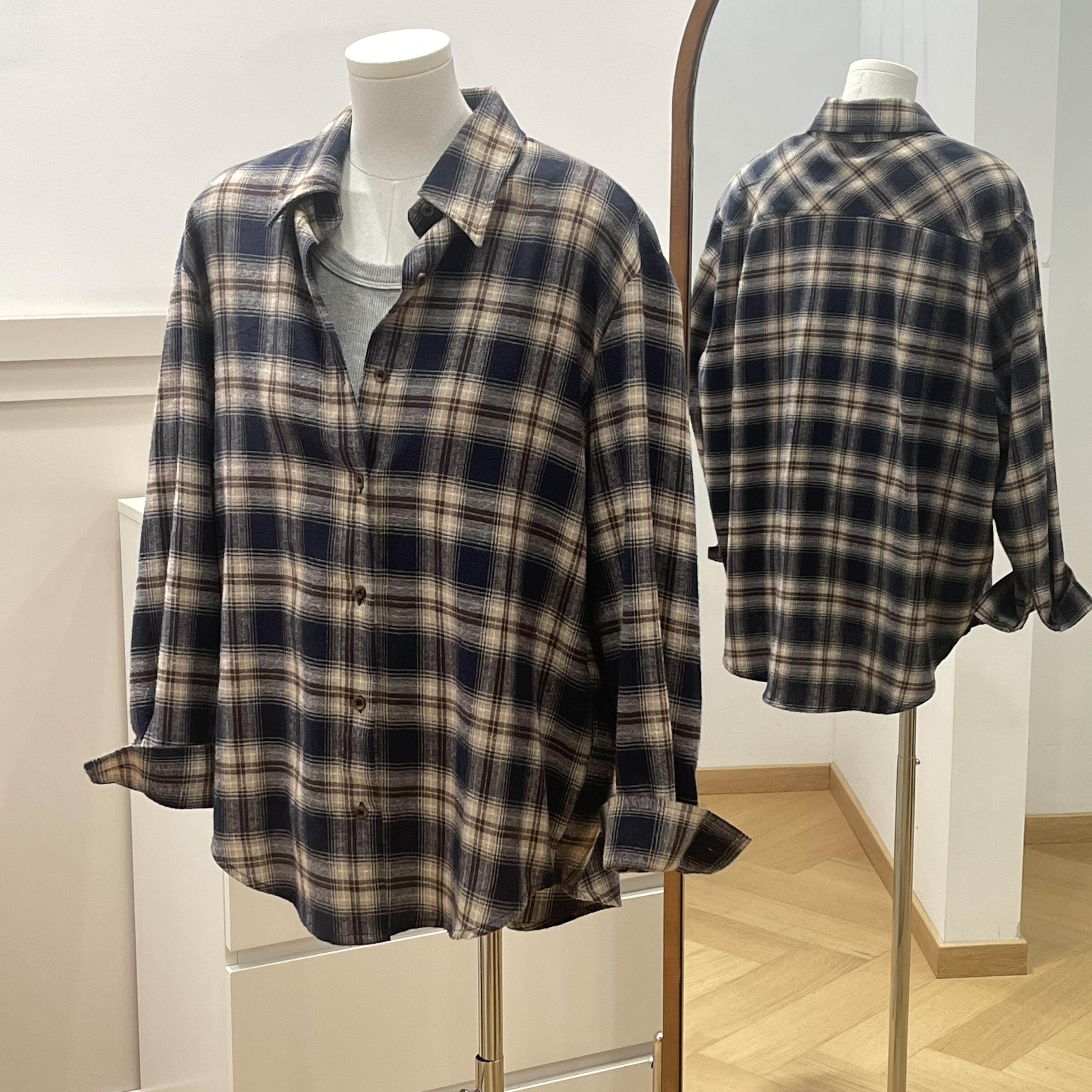 韩系复古藏青色磨毛格子衬衫女