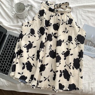 无袖挂脖棉麻上衣女夏法式削肩吊带娃娃衫蝴蝶结小衫别致碎花衬衫