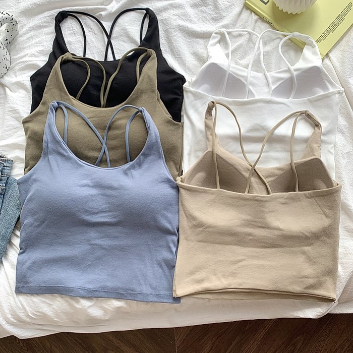 纯色吊带背心女夏季内搭外穿后背交叉百搭一体带胸垫打底无袖上衣,女装/女士精品,背心吊带,淘宝优惠券,粉丝福利购,淘宝优惠卷