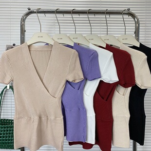 性感低胸深V领短袖针织打底衫毛衣女交叉上衣T恤小衫夜店装春夏潮