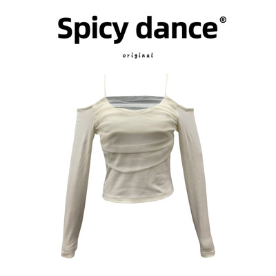 设计感网纱拼接一字肩锁骨长袖