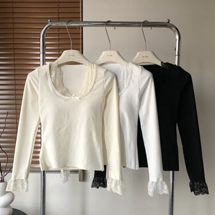 减龄显白V领蕾丝坑条上衣春秋冬季修身bm甜辣内搭女针织打底毛衣