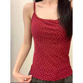 无袖 韩系绝美巨好看 甜美红色碎花带胸垫吊带背心女打底修身 上衣