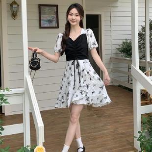 短裙子 温柔风甜美初恋泡泡袖 碎花连衣裙女装 夏季 设计感假两件修身