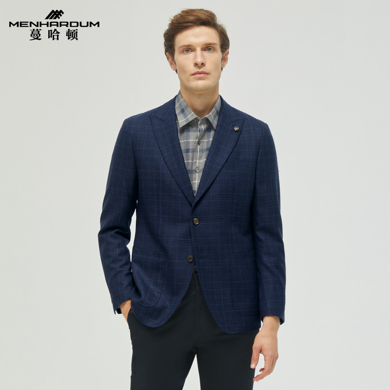 MENHARDUM/蔓哈顿秋冬新品绵羊毛西服外套格纹戗驳领西装单西B版