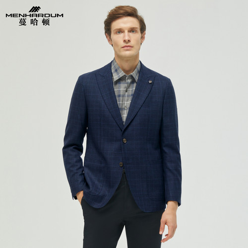 MENHARDUM/蔓哈顿秋冬新品绵羊毛西服外套格纹戗驳领西装单西B版