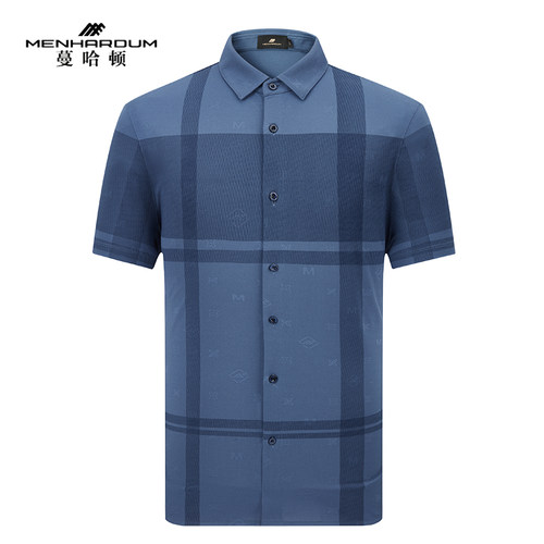 【含桑蚕丝】MENHARDUM/蔓哈顿商务男士翻领T恤格纹短袖高端衬衣