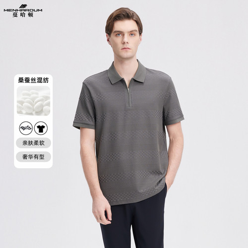 MENHARDUM/蔓哈顿桑蚕丝混纺翻领短袖T恤都市时尚拉链Polo领上衣