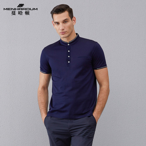 蔓哈顿夏季新桑蚕丝混纺柔软半开领T恤男士休闲纯色商务短袖