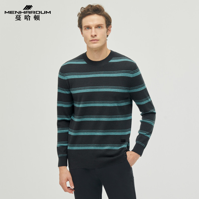 MENHARDUM/蔓哈顿秋冬新品圆领套头羊毛衫条纹设计青春时尚毛衣男
