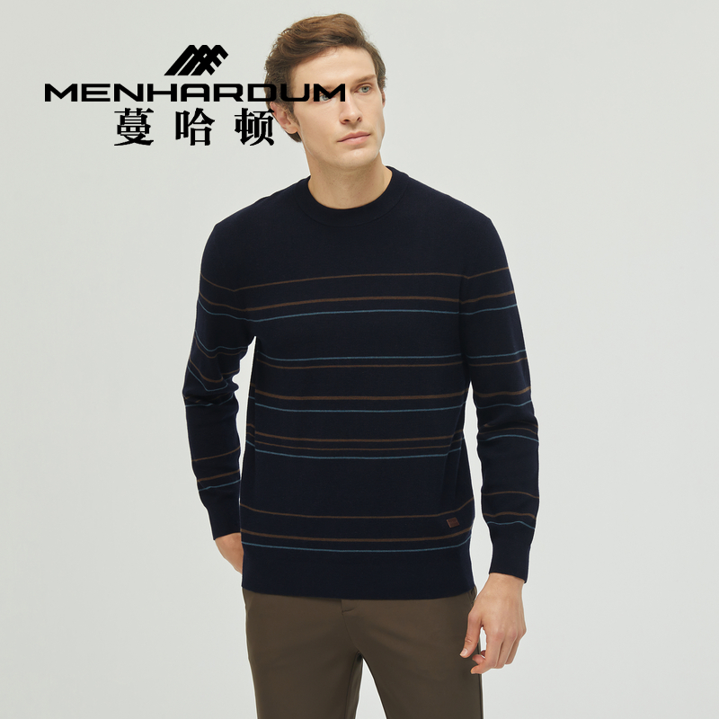 MENHARDUM/蔓哈顿冬季新品绵羊毛混纺毛衣细条纹撞色针织羊毛衫男
