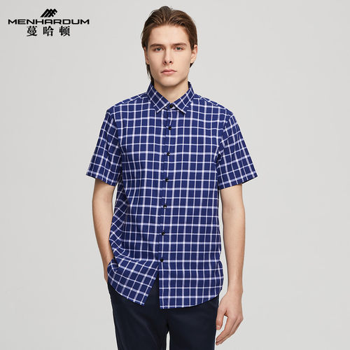 蔓哈顿男装格纹短袖衬衫
