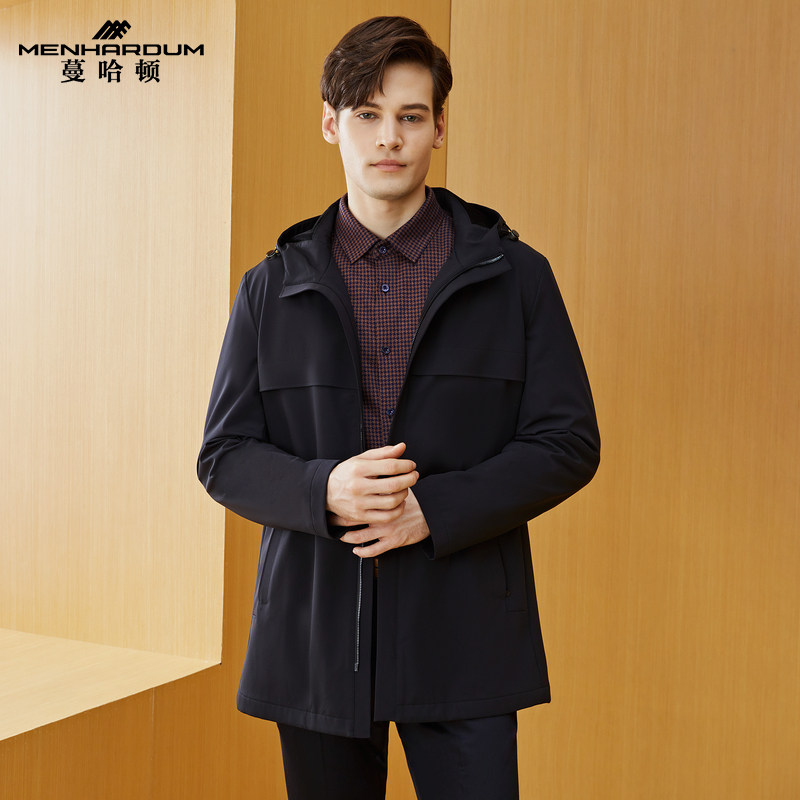 MENHARDUM/蔓哈顿秋冬新品中长款连帽风衣弹力面料中年时尚外套男,男装,风衣,淘宝优惠券,粉丝福利购,淘宝优惠卷