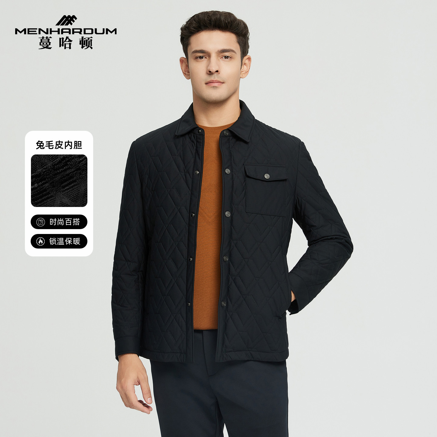 MENHARDUM/蔓哈顿冬季新品兔毛皮内胆尼克服短款翻领鹅绒填充外套