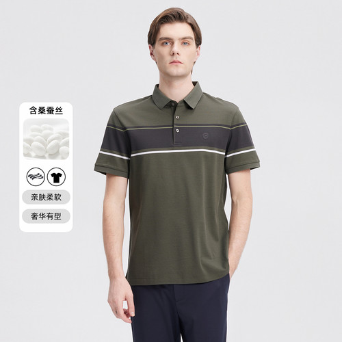 MENHARDUM/蔓哈顿中年商务男装含桑蚕丝绵羊毛混纺条纹短袖Polo衫