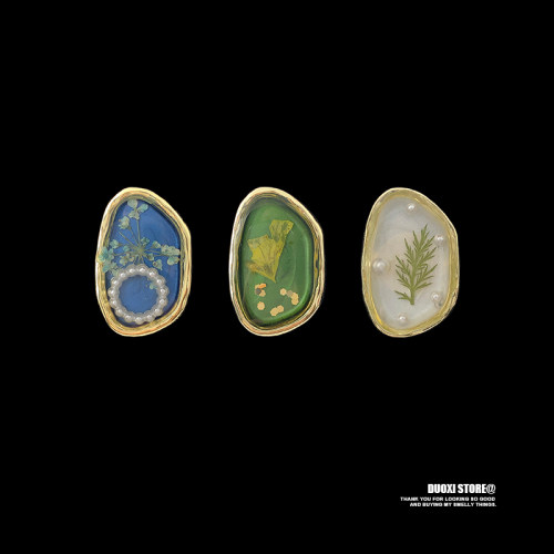 多喜商店【蔓蔓青萝】滴胶植物不规则椭圆复古小众设计可调节戒指