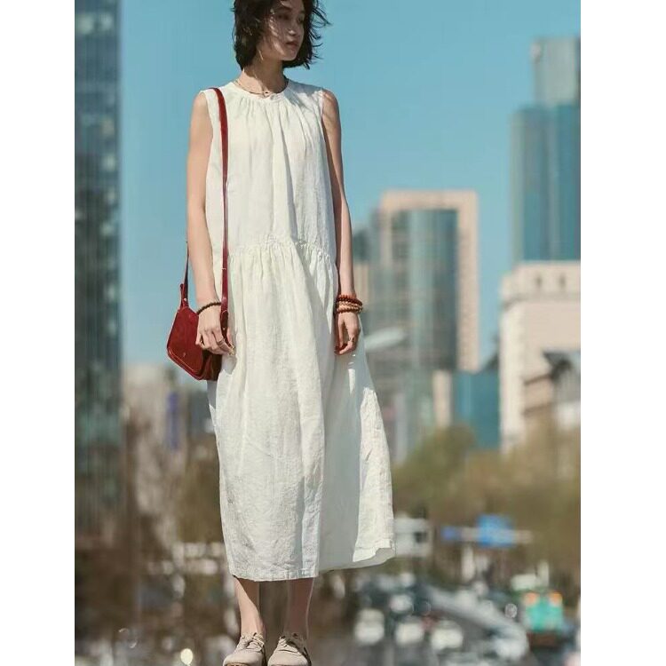 日系跨境外贸夏季亚麻连衣裙高级感a字无袖连衣裙女长薄款裙子