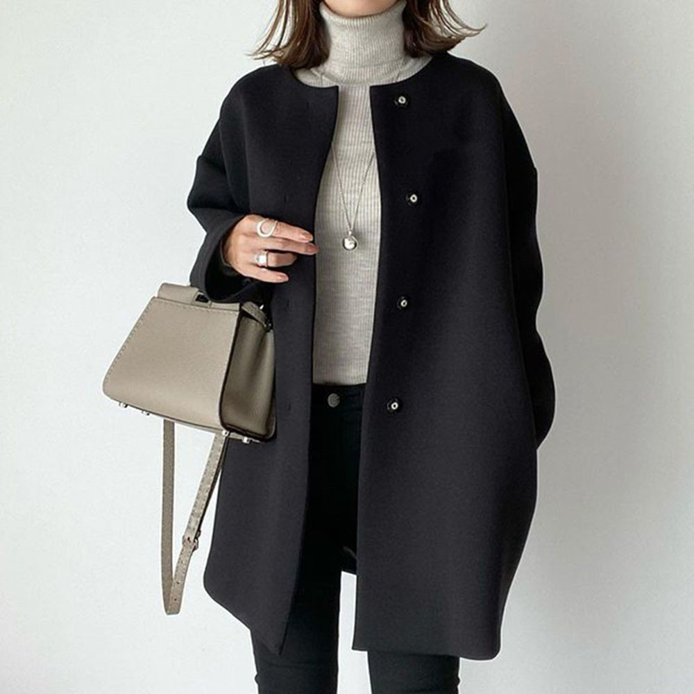 日系跨境外贸优雅直筒大衣女2026秋冬气质纯色简约宽松外套女上衣