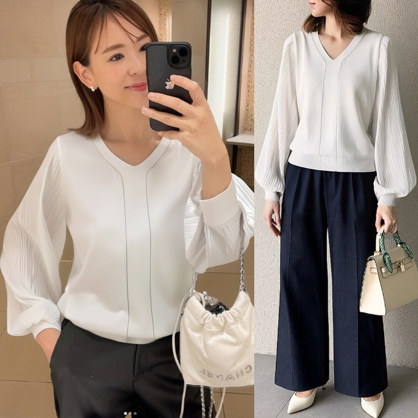 日韩跨境外贸INS网红V领女灯笼袖宽松压褶女蕾丝衫拼接针织上衣
