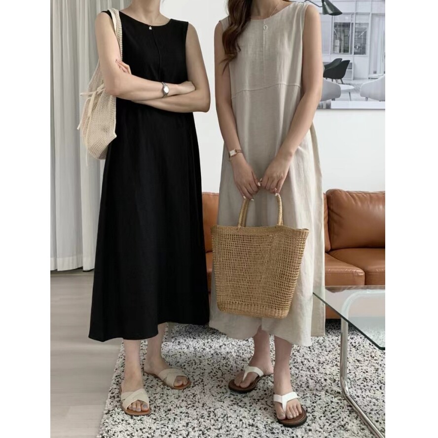韩系chic2026夏季新品后背拉链连衣裙中长款净色气质显瘦裙子女